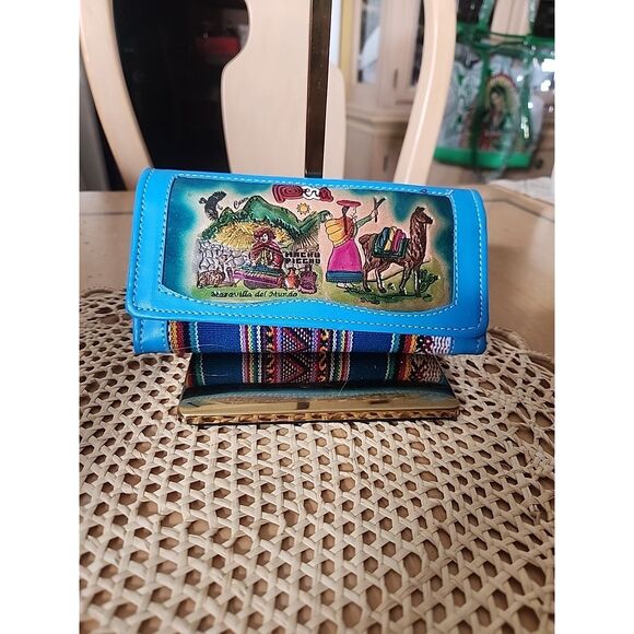Artesanias Peru BLUE Embroidered LEATHER Trifold Wallet. 7"x4”. - Picture 1 of 4